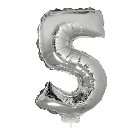 Zilveren opblaas cijfer ballon 5 op stokje 41 cm