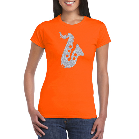 Zilveren saxofoon / muziek t-shirt / kleding oranje dames
