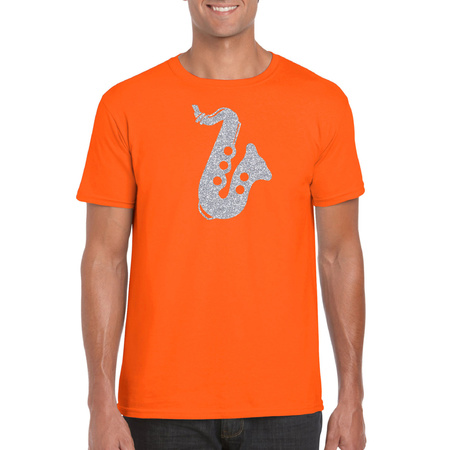 Zilveren saxofoon / muziek t-shirt / kleding oranje heren